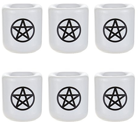 Mega Candles 6 pcs Ceramic Black Pentacle Chime Ritual Spell on White Candle Holder, Great for Casting Chimes, Rituals, Spells, Vigil, Witchcraft, Wiccan Supplies & More