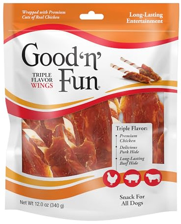 Good ‘n’ Fun Triple Flavor Wings Chews for All Dogs, 12 Ounces, Treat Your Dog to Long-Lasting Chews Made from Chicken, Pork Hide and Beef Hide