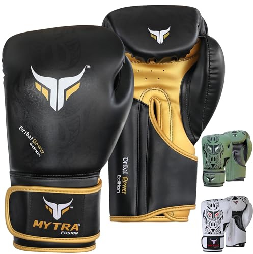 Mytra Fusion Boxhandschuhe 10oz 12oz 14oz 16oz MMA Box Handschuhe für das Training Punching Sparring Muay Thai Boxhandschuhe männer and Damen Kickbox Handschuhe (Black/Gold, 16-oz)