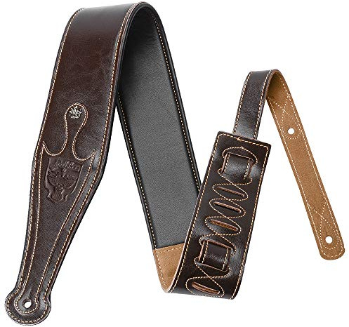 Dulphee Gitarrengurt aus Leder, 8 cm, echtes Leder, mit Wildleder und Leder gefüttert, für Bass, E-Gitarre und Akustikgitarre (Braun)
