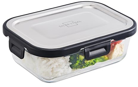 SILBERTHAL Frischhaltedose Glas 1L - mit Edelstahl Deckel - Luftdicht | Luftdicht für Meal Prep - Lunch Box für unterwegs, Office, Camping - Spülmaschinen & Backofenfest