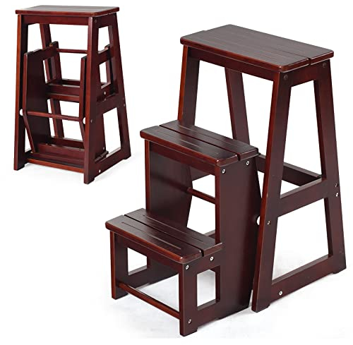 GIANTEX 2 in 1 Scaletta e Sgabello Legno, Sgabello Scala Pieghevole, a 3 Gradini, Portata di 150 kg, Richiudibile e Salvaspazio, Ideale per Soggiorno/Studio/Ufficio, 38,5x57x66 cm, 2 Colori…