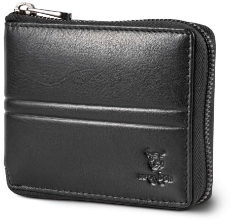 MATADOR RFID NFC Schutz Geldbörse Herren Leder Geldtasche | Portemonnaie Herren mit YKK Metall Reißverschluss | Portmonee Geldtasche Männer mit Geschenk-Box | Herrenbörse Reissverschluss Nappa Schwarz