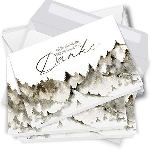 Danksagungskarten Trauer – 10 Klappkarten mit Umschlägen – Motiv: Aquarell Berge – Trauerkarten Danksagung mit Text – Dankeskarten Trauer nach Beerdigung