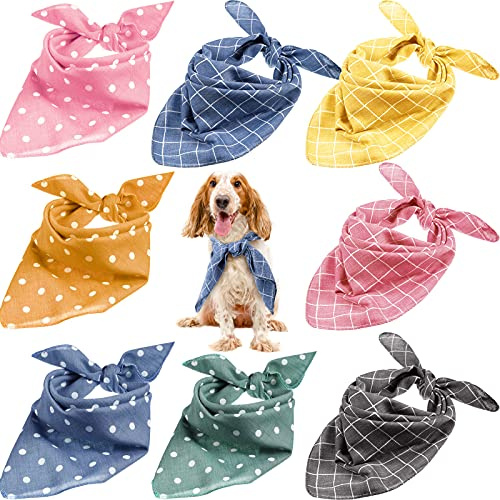 SATINIOR 8 Pieces Dog Bandanas Plaid Dots Spring Dog Bandana Triangle Scarf Soft Washable Adjustable Pet Bib Accessories for Small Medium Large Cats Pets