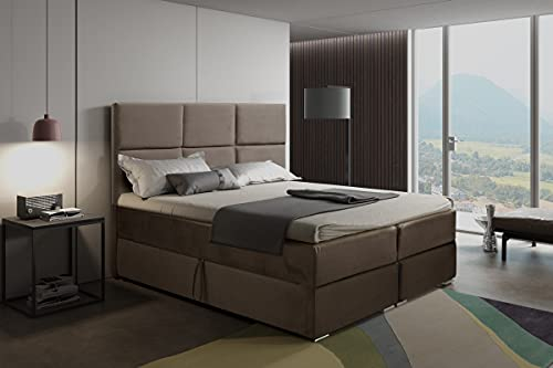 Boxspringbett 120x200 mit 2 Bettkasten - Doppelbett mit Federkernmatratze und Topper - Polsterbett mit Hebemechanismus für Schlafzimmer - Bett mit Kopfteil - Einfach zu Montieren (Cremig)
