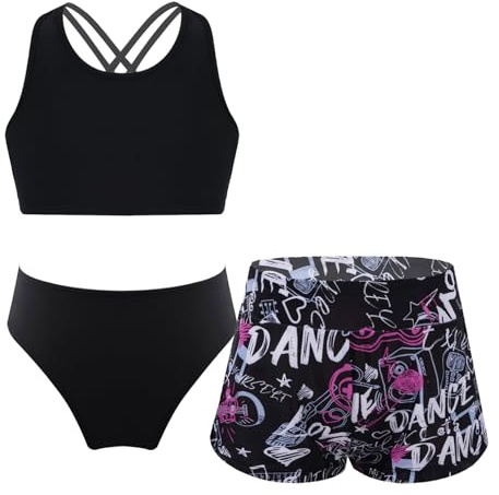 Freebily Costume da Bagno Bambina 3 Pezzi Tankini Mare Crop Top Corto Canotteria + Pantaloncini da Bagno + Mutande Slip Costumi Mare Bikini da Spiaggia Trikini Swimsuit A Lettere 15-16 Anni