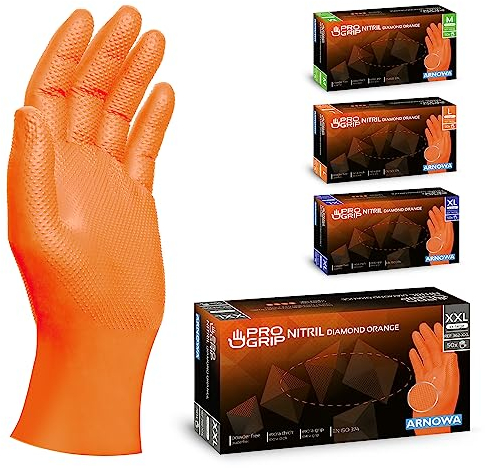 50x PROGRIP Guanti nitrile XXL Arancione [Extra resistenti], Guanti monouso plastica, 2x più spessi, con finitura diamantata, Guanti in nitrile per industria e montaggio, guanti lavoro