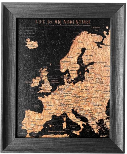 Splosh Schwarze Reisekarte als Tischpinnwand - Europa mit 100 Pins | Gerahmte Pinnwand mit Holzrahmen und 100 Pins in 2 Farben zum Markieren vergangener und zukünftiger Abenteuer.