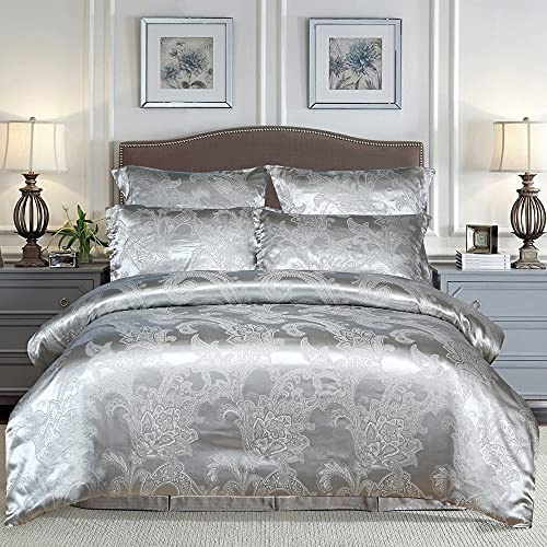 Satin Duvet Cover Queen Size, Floral Jacquard Satin Duvet Cover Set 3 Piece Luxury Silk Like Bedding Comforter Cover Set 90x90, 2 Piece Pillowcase with Zipper Closure & Corner Ties (06,Queen)