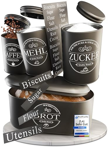 IDEALTASTIC® Premium Brotkasten 4er Set, Zuckerdose, Mehl Aufbewahrung & Kaffeedose luftdicht, Brotbox schwarz I Vorratsdosen je 500g & 1x Brot I Frische & Eleganz in Ihrer Küche