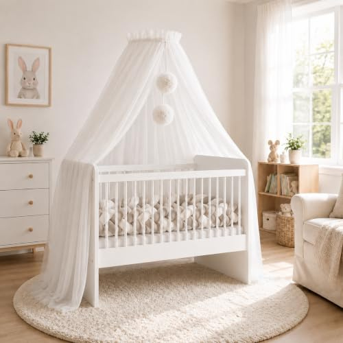 Baby Fancyroom tenda per lettino, baldacchino per culla da principessa, zanzariera, tenda per lettino aggiuntivo, decorazione per cameretta, baldacchino in tulle premium per cameretta (Bianco/Crema)