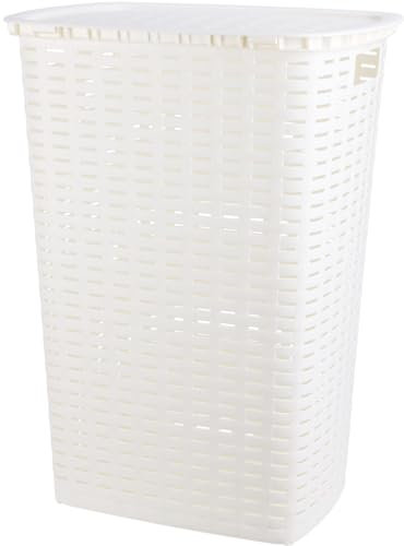 53 Litre Large Plastic Laundry Basket with Lid Rattan Washing Clothes Storage Hamper Bin (White)