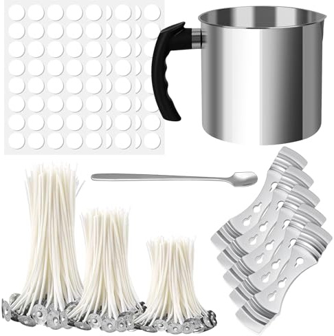 Waltool 247Pcs Candle Making Accessories Set Contains 304 Stainless Steel 44oz Double Boiler Wax Melting Pot, Spoon, 4 6 8 Cotton Candle Wicks, Wick Stickers for Coconut Soy Wax Beeswax