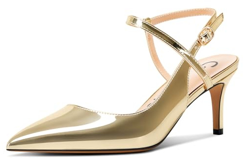 Castamere Femmes Pointu Bout Mi Kitten Talon Heel Lanières Cheville Escarpins Slingback Dress Sandales Boucle Bureau Chaussures 6.5 CM Heels Or 45 EU