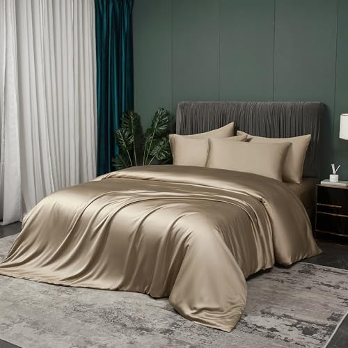 Luowei Ropa de cama de verano de bambú de 155 x 220 cm, refrescante, seda sedosa, color caqui, 3 juegos de ropa de cama de 100% bambú suave de lujo con cremallera y 2 fundas de almohada de 80 x 80 cm