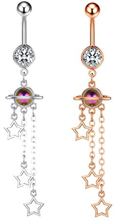 AMDXD Piercing Schmuck, 2 Pcs Bauchnabel Piercings Set, 14 Gauge Kupfer Piercings Set Stern Anhänger Nabel Ring Körper Piercing Schmuck mit Zirkonia, Silber Rose Gold