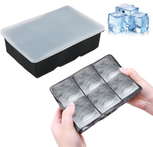 NeutypeChic Stampo per cubetti di ghiaccio, 1 pezzo, 6 scomparti, in silicone, con coperchio, grande cubetto di ghiaccio quadrato da 4,8 cm, per cocktail, whisky, vino, frutta, puree di frutta,