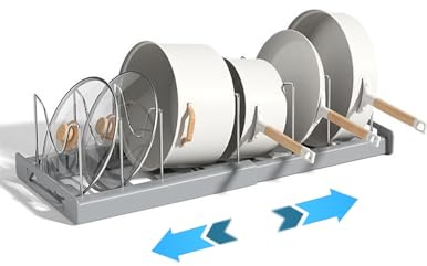 ZLXHDL Pfannen Organizer Schublade, Erweiterbarer Topfdeckelhalter, Topfdeckel Organizer, mit 7 verstellbaren Fächern, für Küchen Organizer, Töpfe, Deckel, tellerständer(Grau)
