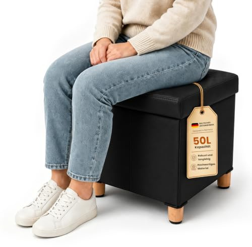 LEEJARD Hocker mit Stauraum, Klappbarer Sitzhocker aus PU, Fußhocker mit Massivholzbeinen, Anti-Rutsch-Pads, Pouf für Wohnzimmer Schlafzimmer Bad(Schwarz, L:38 * W:38 * H:40 cm)