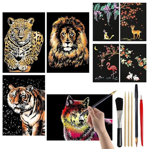 XOKL 8 Stück Kratzbilder, Regenbogen-Kratznotizen mit Kratzwerkzeug-Set Tier-Serie Rainbow Scratch Art für Erwachsene und Kinder (A4/A5 Größe)