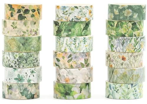 Songdao Blommor Washi Tape set 18 rullar dekorativ tejp färgglad för scrapbooking, bullet dagbok, planerare, presentförpackning (smaragdvinor)