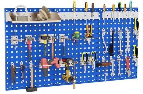 GOPLUS Porte outils Mural en Métal à Trous Carrés, 3 Panneaux Perforés Muraux avec 25 Crochets, Support pour Forets, Support pour Tournevis, Plateforme de Rangement, pour Garage, Atelier (Bleu)