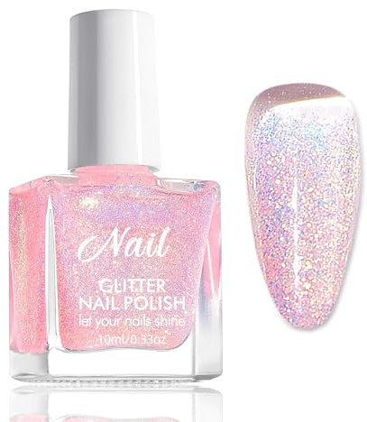 Glitzer Nagellack Rosa - Ungiftiger Nagellack Auf Wasserbasis für Mädchen - Schnelltrocknend Nagelack - Reflective Glitter Nail Polish für DIY-Nagelkunst Zu Hause (Transparent Pink, 10 Ml)
