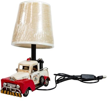 Berfutall-Decorative Rustic Red Vintage Truck USB Table Lamp，Night Light with Burlap Shade, 6.7 x 4.7 x 6.7 inches (C-White/Red)