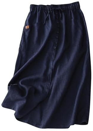 FGVFCS Gonne in lino di cotone da donna gonne da spiaggia estive una linea fluida casual con coulisse a vita alta button down midi con tasche spacco abiti casual eleganti abito lungo linea ad A