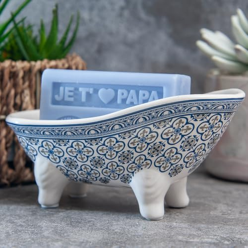 Label Provence Nature Savon de Marseille Soap Dish - French Vintage Style Ceramic Clawfoot Bathtub - Self Draining - Perfect for Bathroom Kitchen or Home Decor - Blue Flower Tile -14.5 x 7 x 6.5cm