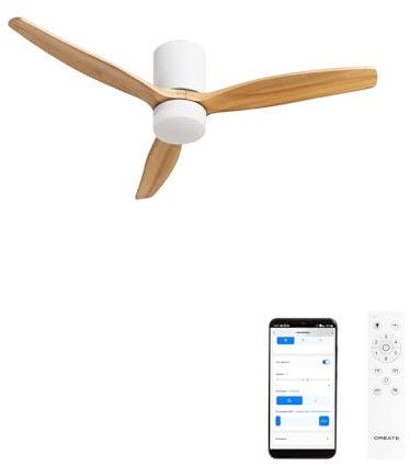 CREATE / WINDCALM CONCRETE/Ventilador de techo blanco madera clara con Wifi y mando / 40W, Carcasa de yeso personalizable, Ø132 cm, 6 velocidades, función verano-invierno, luz led 3 temperaturas