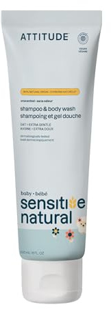 ATTITUDE Baby 2-in-1 Shampoo and Body Wash, EWG Verified, Extra Gentle, Enriched with Oatmeal, Dermatologically Tested, Vegan, Unscented, 8 Fl Oz