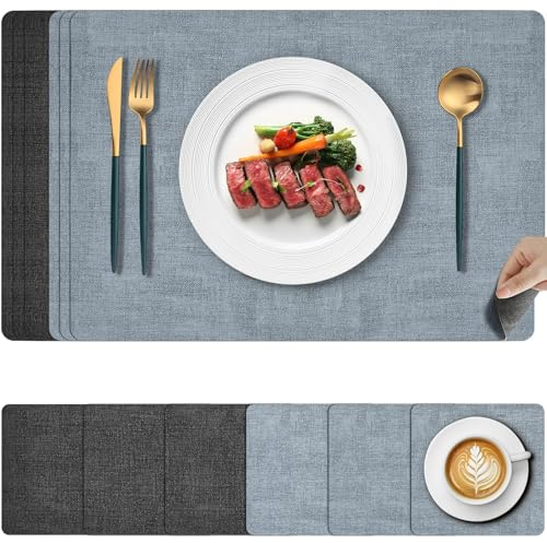 Gucass 6er Set Tischsets Abwaschbar, Leder Platzsets Abwischbare mit Untersetzer, Platzdeckchen Doppelseitigen Hitzebeständig, rutschfest Placemat für Restaurant Küche Speisetisch, 43x30cm(Blau)