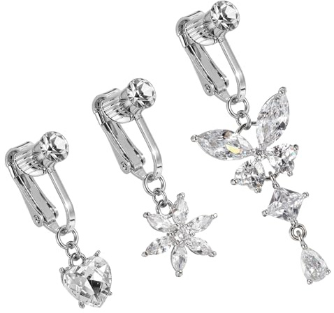 ElevateTech Fake Bauchnabelpiercing 3 Stück Silber Bauchnabelringe Clip | Kein Piercing Bauchnabel, Fake Bauchnabel Piercing, Herz Kristallkugel Schmetterling Anhänger, für Damen