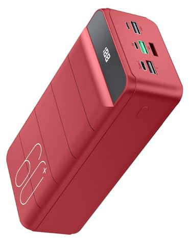 PDBEST Power Bank 60000 mah De Carga RáPida - 22,5 W Carga RáPida, 4 Salidas Y 3 Entradas, Pantalla Led, Bateria Portatil Gran Capacidad para iPhone, iPad, etc Rojo