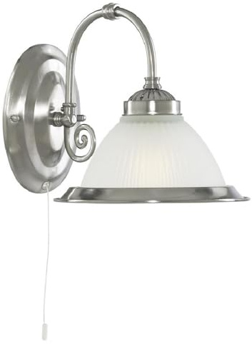 Britalia Satin Chrome 1 Lamp Switched Wall Light with Acid Ribbed Glass - 21cm Height - Pull Cord On Off Switch