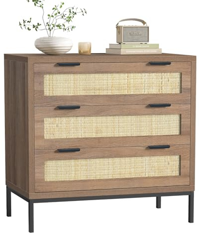 Skokliz Kommode mit 3 Schubladen und Rattan-Fronten Kommode Schlafzimmer Flur Wohnzimmer Organizer Kommode mit Schubladen 80 cm breit Highboard Sideboard Mehrzweckschrank Schrank schmal