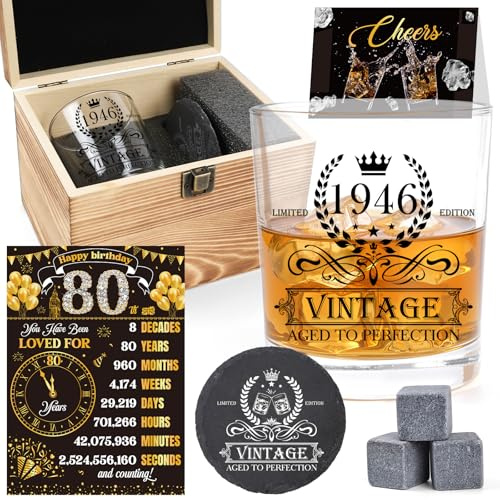 80th Birthday Gifts for Men - Happy 80th Birthday Gifts for Him, 80 Years Old Man Bday Presents, Whisky Vintage Aniversary Presents, Back in 1946 Table Sign Party Decoration for Dad Father Grandad