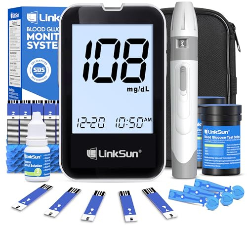 LinkSun Blutzuckermessgerät Set, 100 Teststreifen & Lanzetten, G-425-2V | Blutzuckermessgerät Set mit Teststreifen, Stechhilfe, Kontrolllösung, Zeit/Datum-Anzeige, Mahlzeitenmarkierung, mg/dL& mmol/L