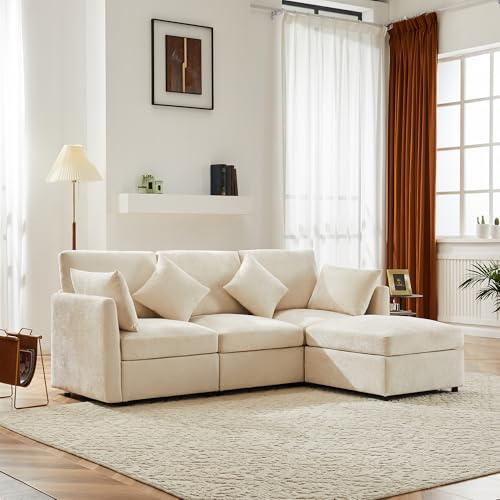 DACHETOU Modernes Design Chenille-Stoffsofa, Beige 160x220cm Dreisitzer-Sofa, Viersitzer-Sofa, L-förmiges Ecksofa mit Fußhocker, geeignet für Wohnungen