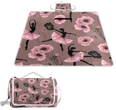 ALAZA Rechteckige, wasserdichte Picknickdecke, Blumen und Ballerinas, tragbar, faltbar, für den Innenbereich, für Reisen, Wandern, Camping, Park, 150 cm x 145 cm