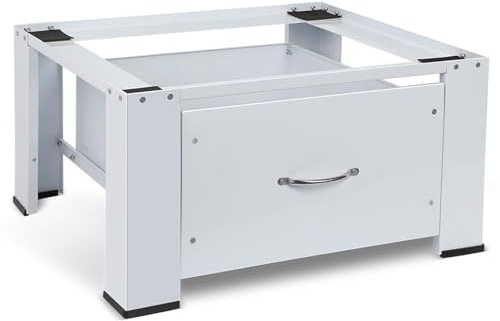Waschmaschinen Untergestell Podest mit Schublade aus Stahl, max. 150kg | 64x54.5x32 cm, inkl. Rutschfesten Pads, Waschmaschinen Sockel Gestell Podest Erhöhung zum Trockner Kühlschrank, Weiß