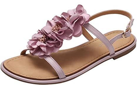 Uwdiohq Zapatos De Mujer Sandalias Playa Bohemias Viento Flores Planas Informales Dedo (Pink, 40) Piel Comodos Calzado Verano Deporte Rehabilitacion Para Fascitis Plantar Rehabilitación Andar