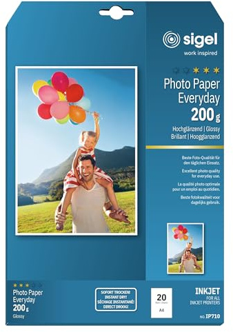 SIGEL InkJet Fotopapier A4 200 g hochglänzend 20 Blatt | IP710, Für hochwertige Fotografien mit brillanten Farben