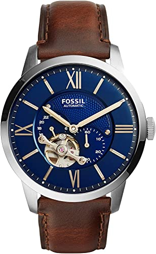 Fossil Townsman uhr für Herren, Mechanisches Automatikwerk mit Edelstahl- oder Lederarmband, Blau, 44MM
