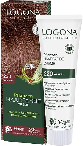 LOGONA Naturkosmetik Pflanzen-Haarfarbe Creme 220 Weinrot, Rote Natur Haarfarbe mit Henna, vegane Farbcreme für eine dauerhafte Coloration, schonende Färbung für glänzendes Haar, 150ml