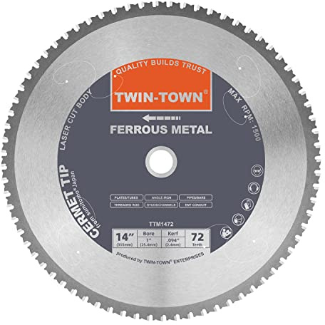 TWIN-TOWN 14-Inch 72 Teeth Dry Cut Steel and Ferrous Metal Cermet Saw Blade with 1-Inch Arbor