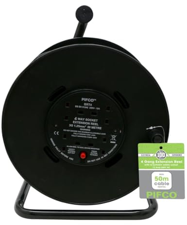 Daewoo Extension Reel, 4 Way Socket with 50 Metre Cable, Heavy Duty with Resettable Safety Cut Out, Open Frame, Black and Green