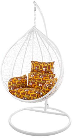 KIDEO Komplettset: großer Hängesessel mit Gestell & Kissen, Korbsessel, Poly-Rattan (Korb & Gestell: weiß, Kissen: braun/Gemustert Nest (7117_Hello_Seventies))